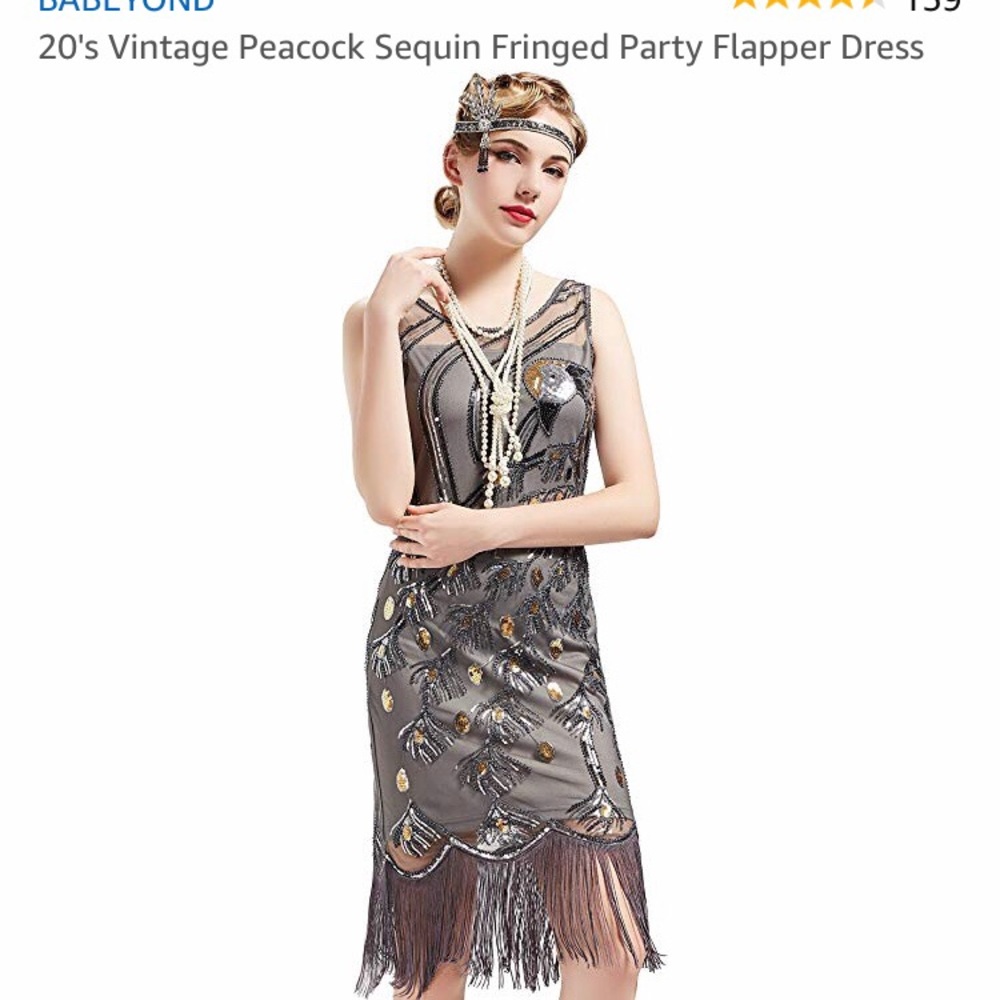Babeyond gray gatsby flapper peacock 1920s dress L